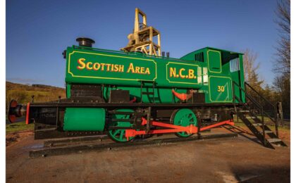 Restored Andrew Barclay pug locomotive engine on display at Lochore Meadows Country Park Fife.